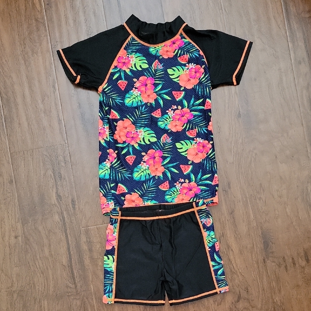 Floral Kids Swim Set - Black and Pink